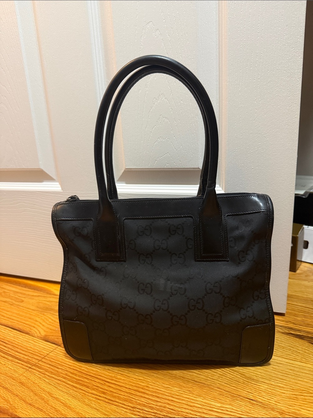 Gucci Black GG Monogram Canvas Tote with Leather Trim